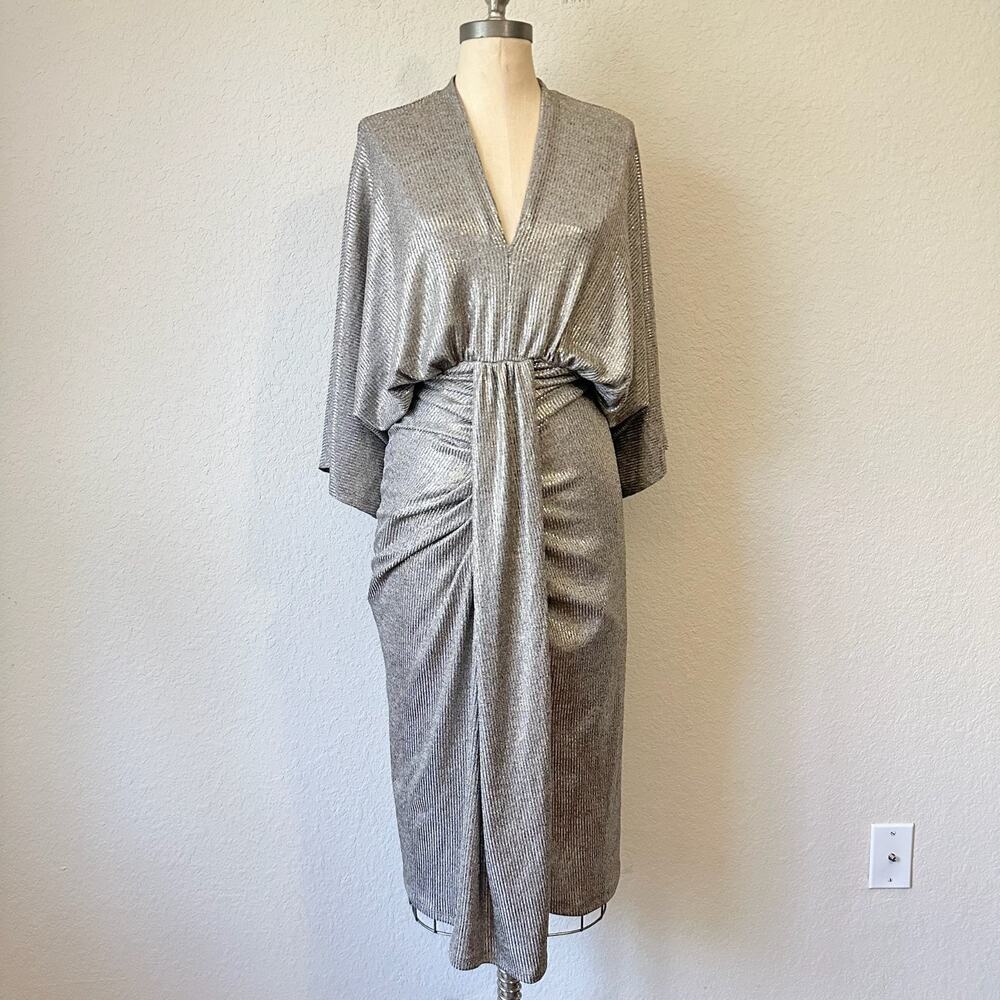 BALTIC BORN Ciara Dress Silver Metallic Ribbed Knit Ruched Midi NWT